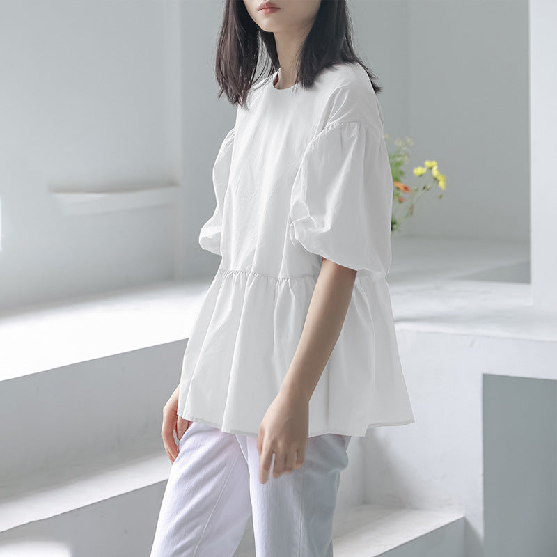Japanese Korean Summer Short Sleeved Round Neck Shirt Women Lace Up Lantern Sleeve Minimalist Solid Color Top