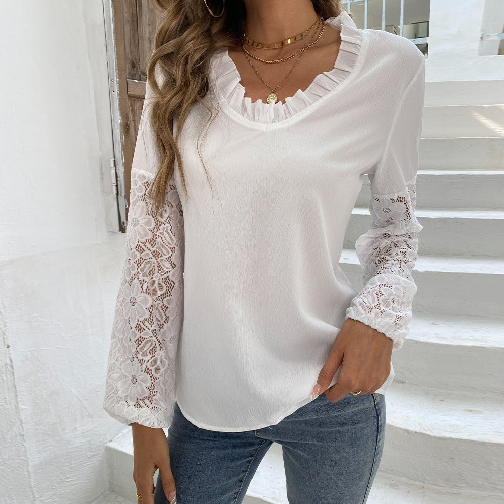 Spring Summer Loose Fitting V neck Long Sleeves Lace Bell Sleeve Patchwork Chiffon Shirt Women Bottoming Shirt Women