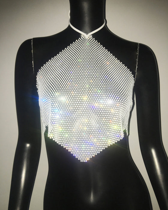 Sexy Sling Rhinestone Fishnet Halter Top Beautiful Back Wrapped Chest Sweet Spicy Sling