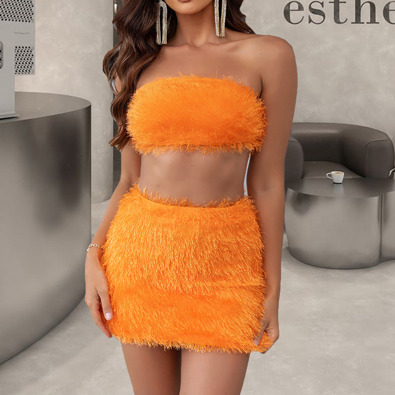Sexy Solid Color Furry Suit Night Club Sexy Short Tube Top High Waist Hip Wrapped Skirt
