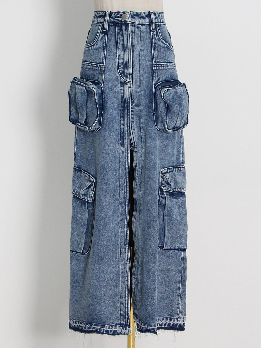 【MOQ-5 packs】 Hipsters High Street Spring High Waist Long Straight Front Slit Design Denim Solid Color Women Skirt