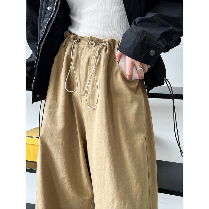 Retro Tencel Cotton Drawstring Elastic Waist Loose Cargo Pants Women Wide Leg Pants Casual Trousers