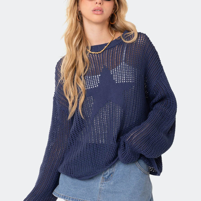 Women Clothing Sexy Hollow Out Cutout Out Knitted Blouse Niche Loose Pullover Women