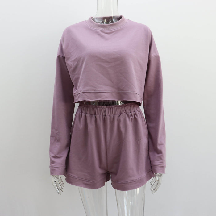 Casual Loose Sports sets Women Long Sleeve Sweater Top Shorts Two Piece Set Solid Color Homewear