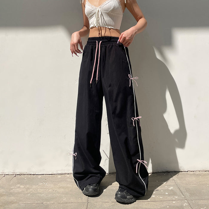 Street Sweet Spicy Wear Loose Woven Pants Personality Bow Stitching Wide Leg Slimming Show Casual Trousers for Women