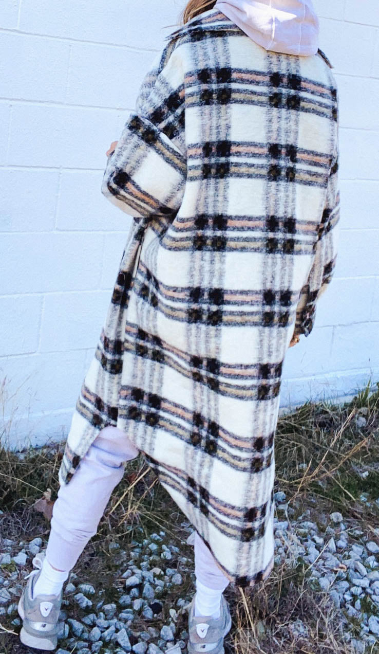 Winter Women Coat Thickened Elegant Plush Loose Plaid Long Sleeved Woolen Coat