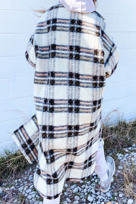 Winter Women Coat Thickened Elegant Plush Loose Plaid Long Sleeved Woolen Coat