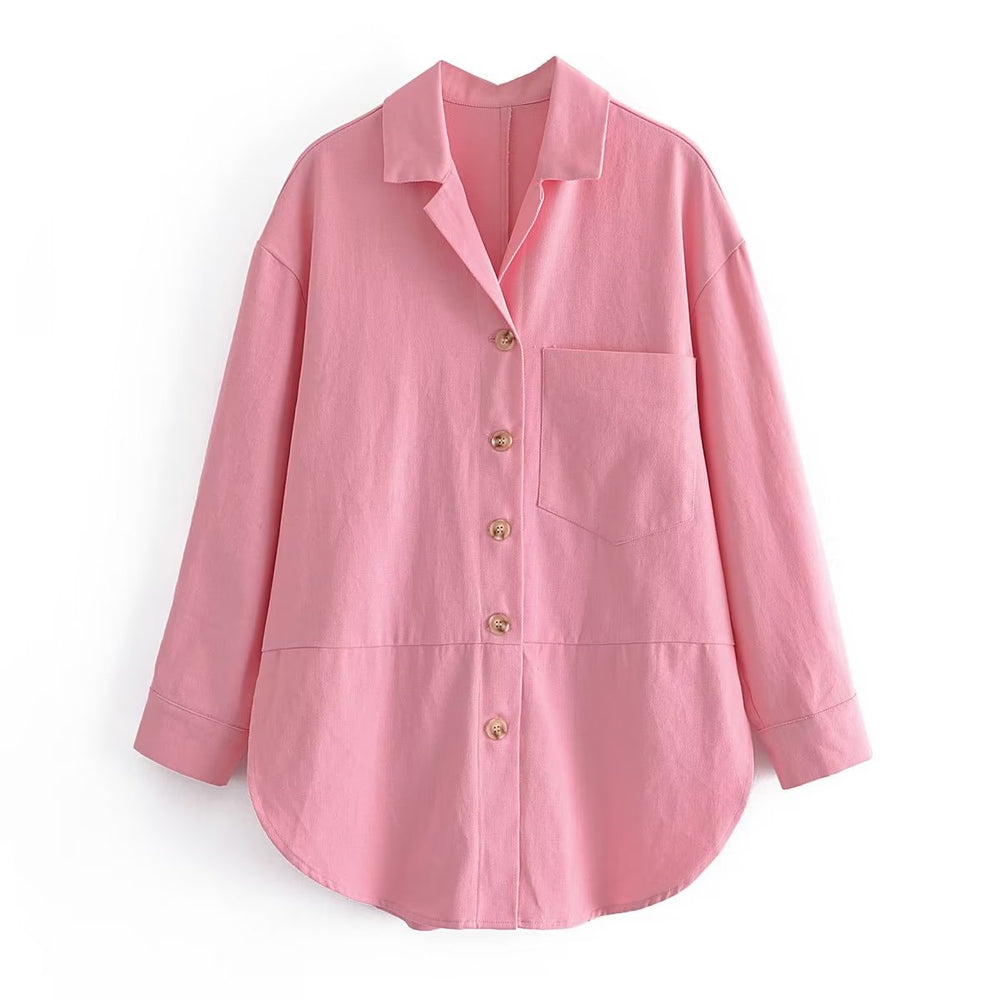 Women Single-Breasted Pocket Decoration Niche Age-Reducing Pink Shacket