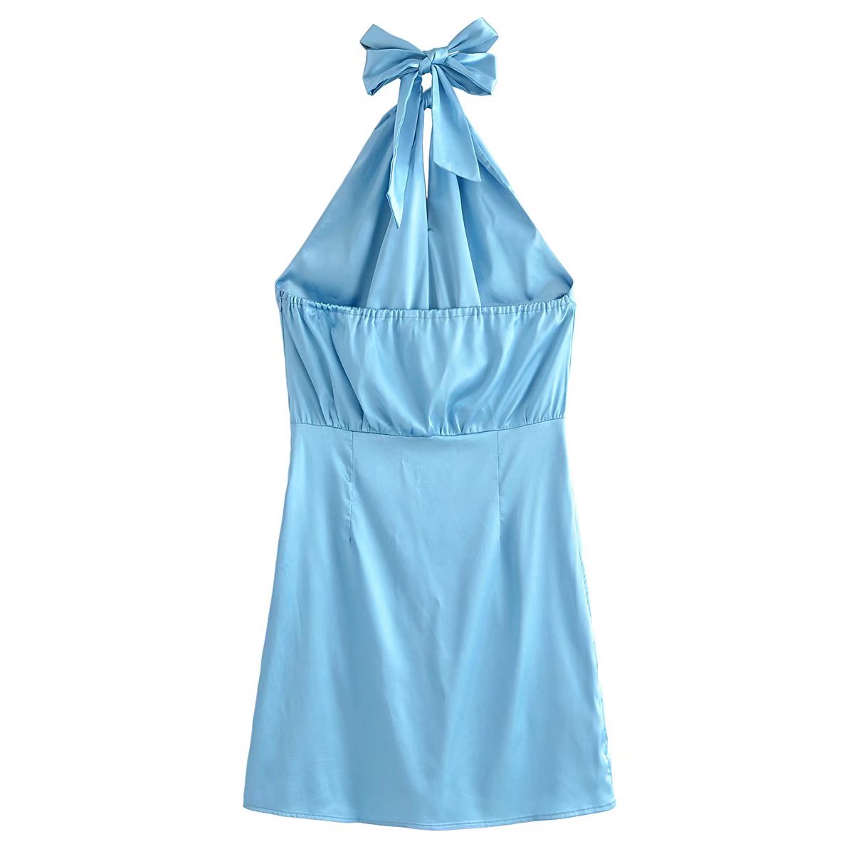 Women Blue Silk Texture Halter Dress Summer Hollow Out Cutout High Waist Backless Sexy