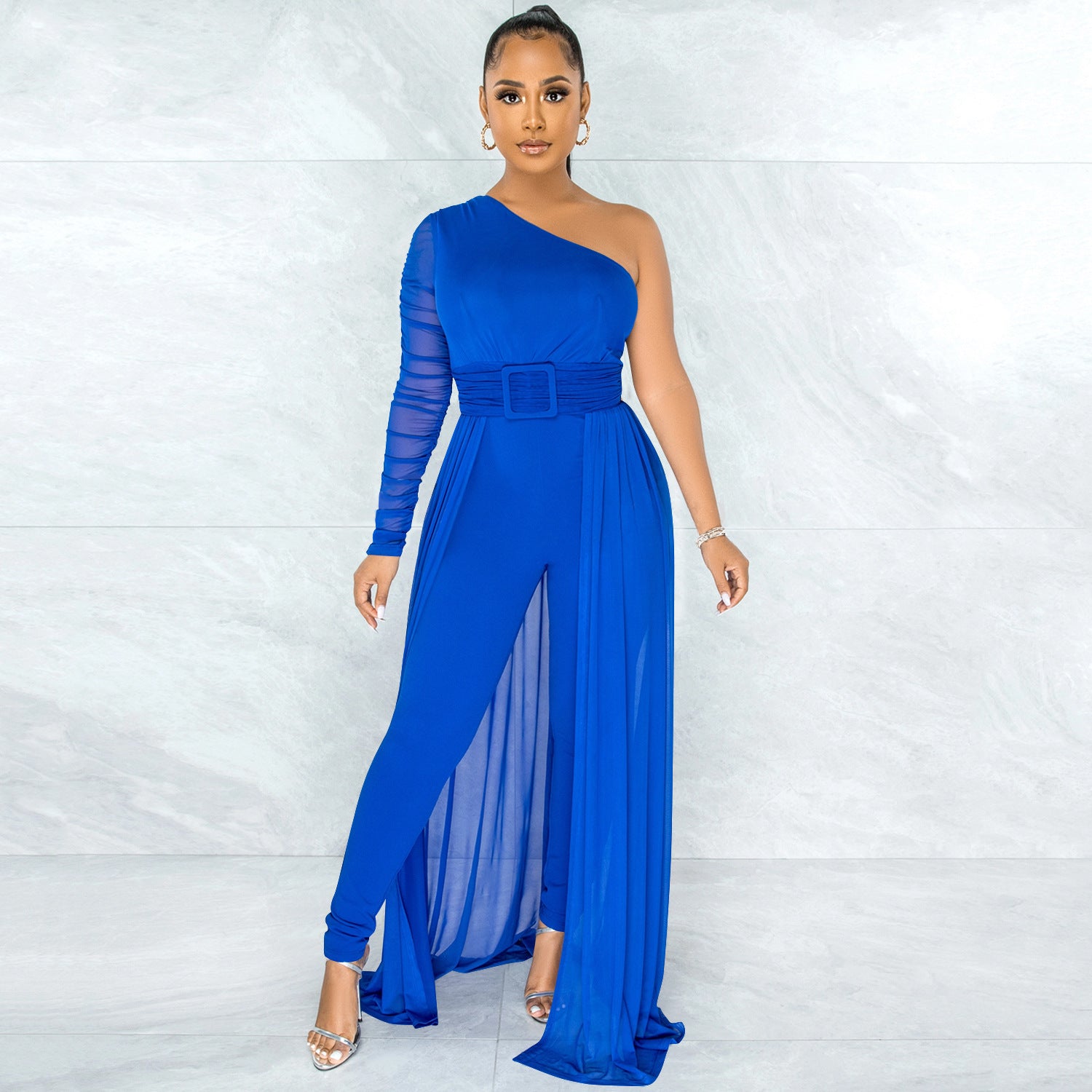 Solid Color Sexy Mesh See-through One Shoulder Diagonal Collar Long Sleeve Trousers Jumpsuit Women