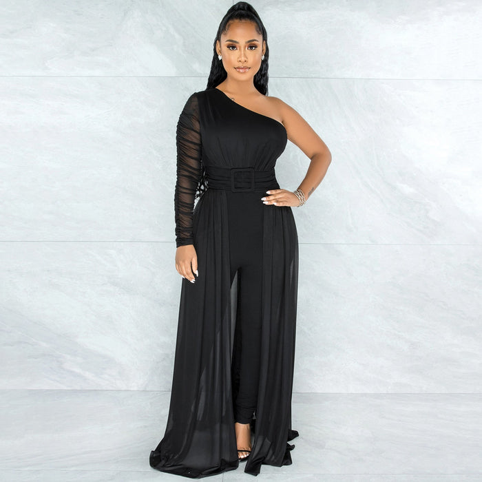 Solid Color Sexy Mesh See-through One Shoulder Diagonal Collar Long Sleeve Trousers Jumpsuit Women