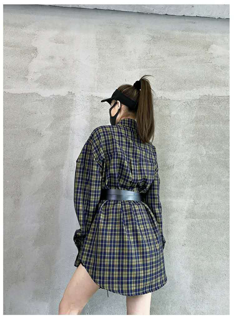 Autumn Winter Plaid Shirt Women Loose Korean Retro with Belt Mid Length Shirt Dress Top