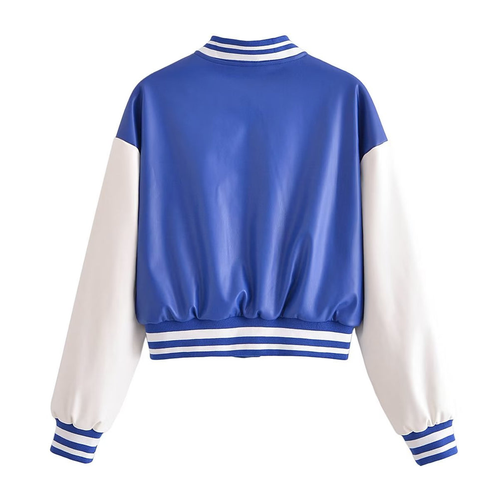 Autumn Letter Graphic Labeling Loose Color Jacket Casual Faux Leather Sleeve Jacket