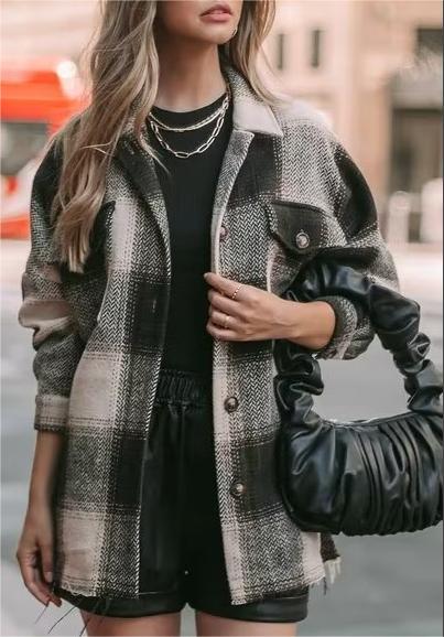 Fall Women Clothing Fashionable Pocket Shirt Plaid Coat