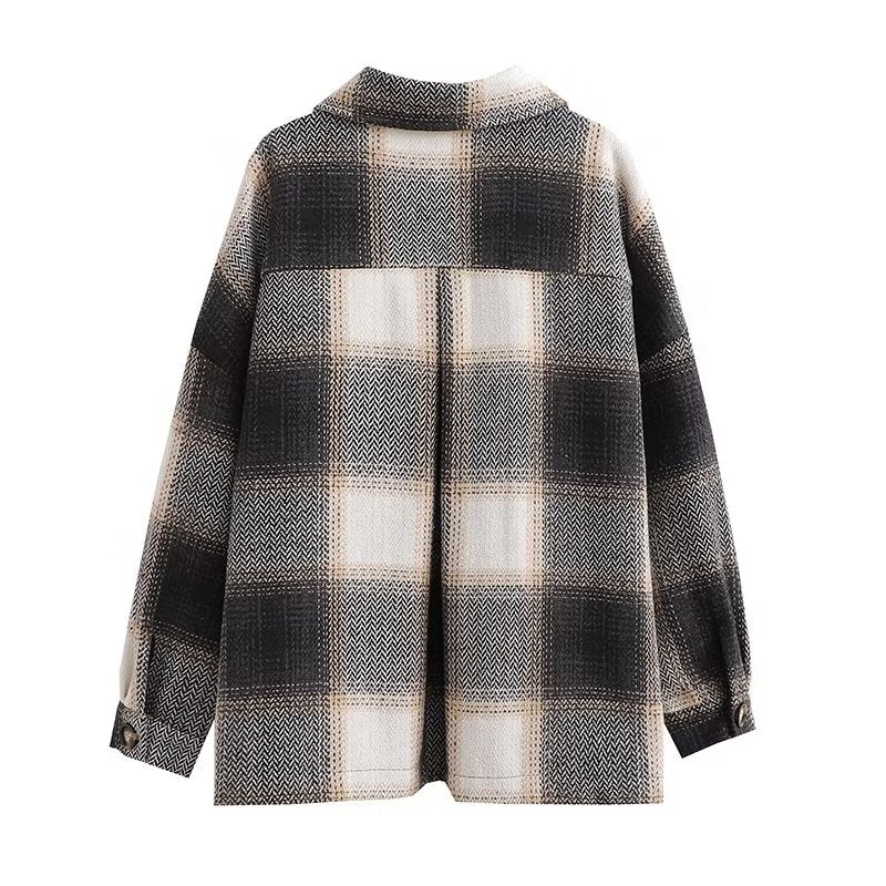 Fall Women Clothing Fashionable Pocket Shirt Plaid Coat