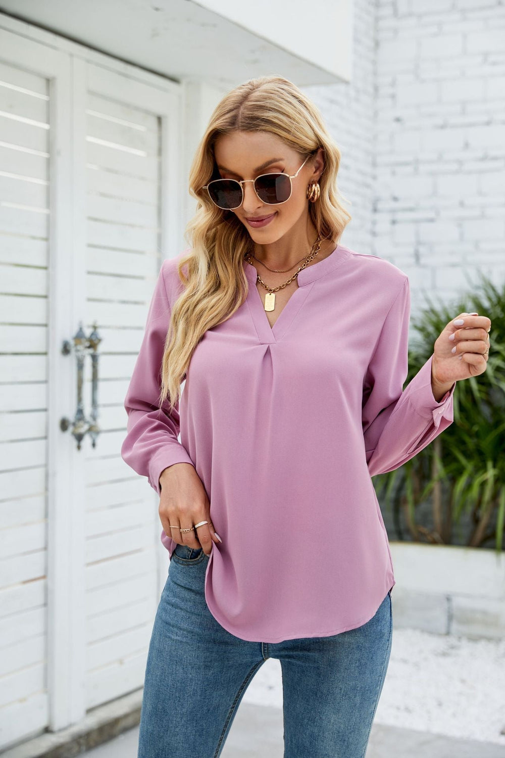 Women Clothing Autumn Winter Solid Color Chiffon Shirt Loose V neck Pullover Long Sleeve Top Shirt