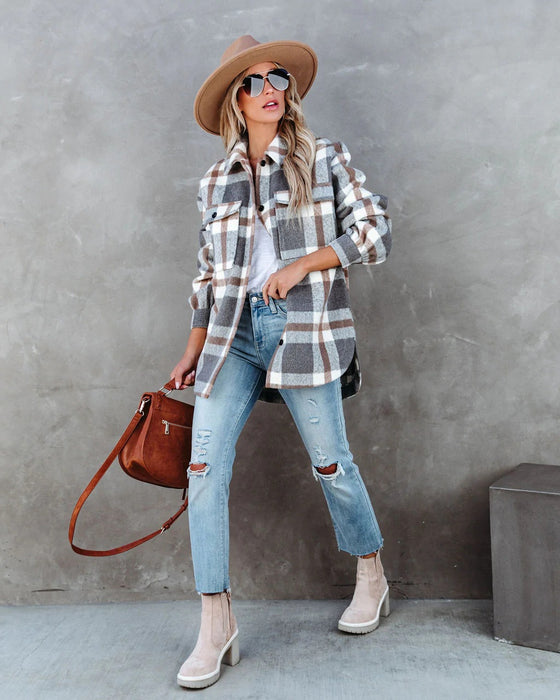 Casual Autumn Winter Plaid Brushed Collared Jacket