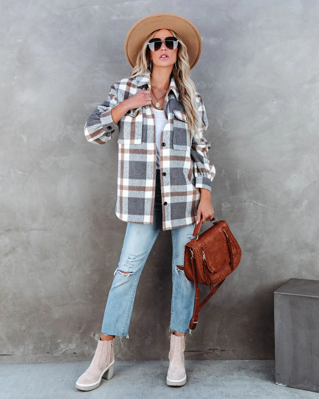 Casual Autumn Winter Plaid Brushed Collared Jacket