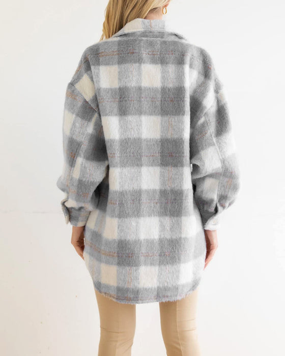 Autumn Winter Women Plaid Mohair Coat Woolen Thick Coat