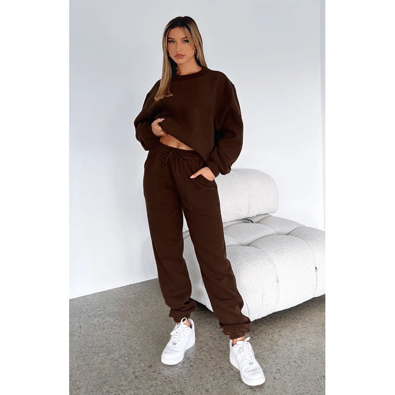 Autumn Winter Solid Color with Fur round Neck Pullover Long Sleeve Sweater Casual Trousers Suit