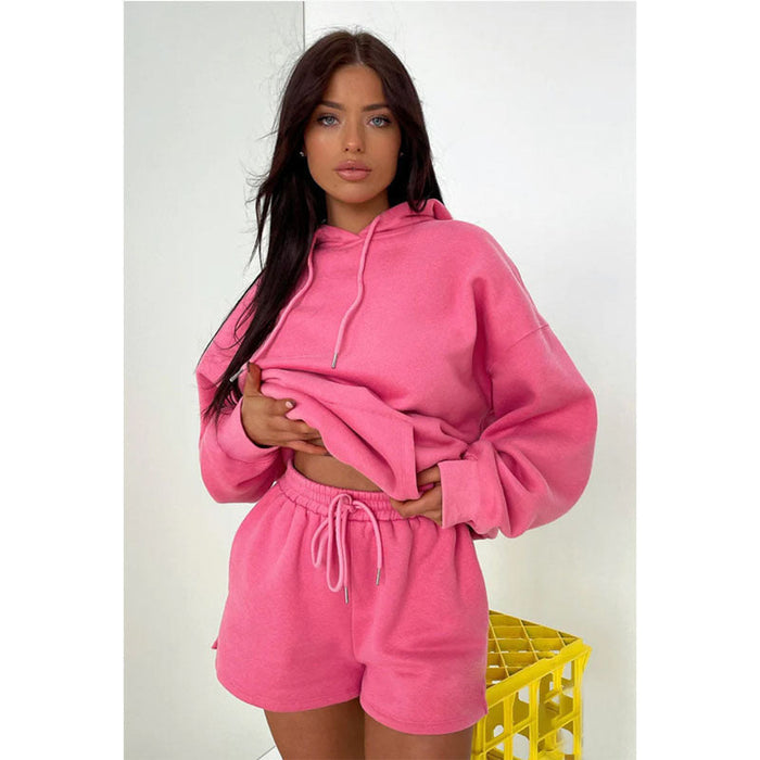 Autumn Winter Solid Color Thickened Fleece Lined Hooded Long Sleeve Sweater Women Casual Shorts Suit