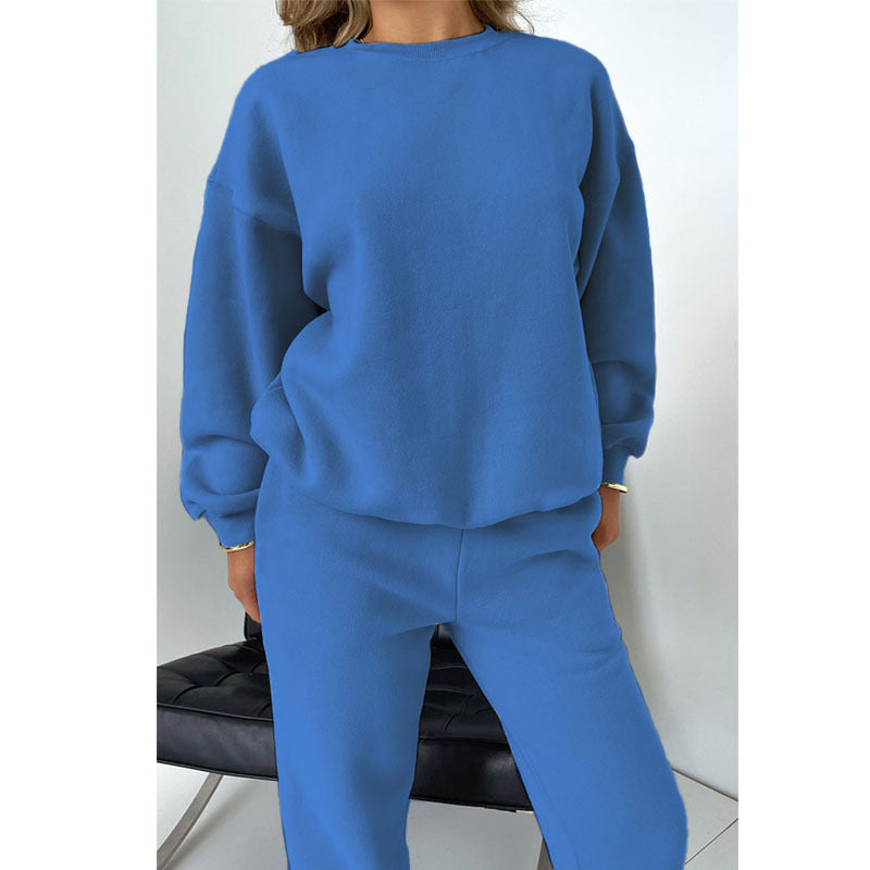 Autumn Winter Women Clothing Solid Color round Neck Pullover Long Sleeve Cotton Sweater Casual Trousers Suit