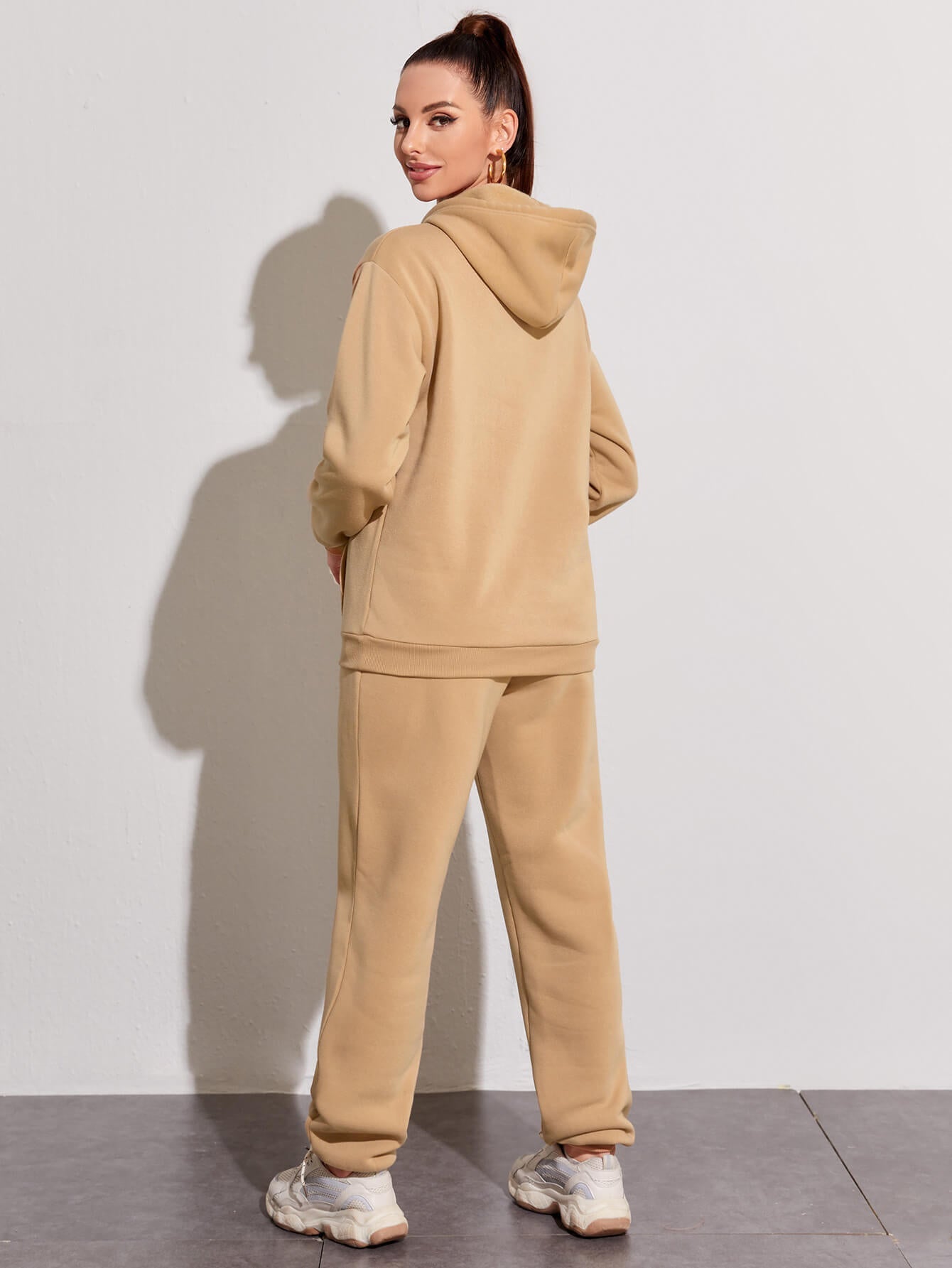 Casual Suit Fleece Drop Shoulder Solid Color Hooded Sweatshirt Sweatpants Delivery