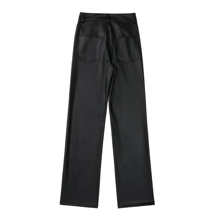 Early Autumn Women Clothing High Waist Solid Color Anti Faux Leather Casual Wide Leg Pants Trousers