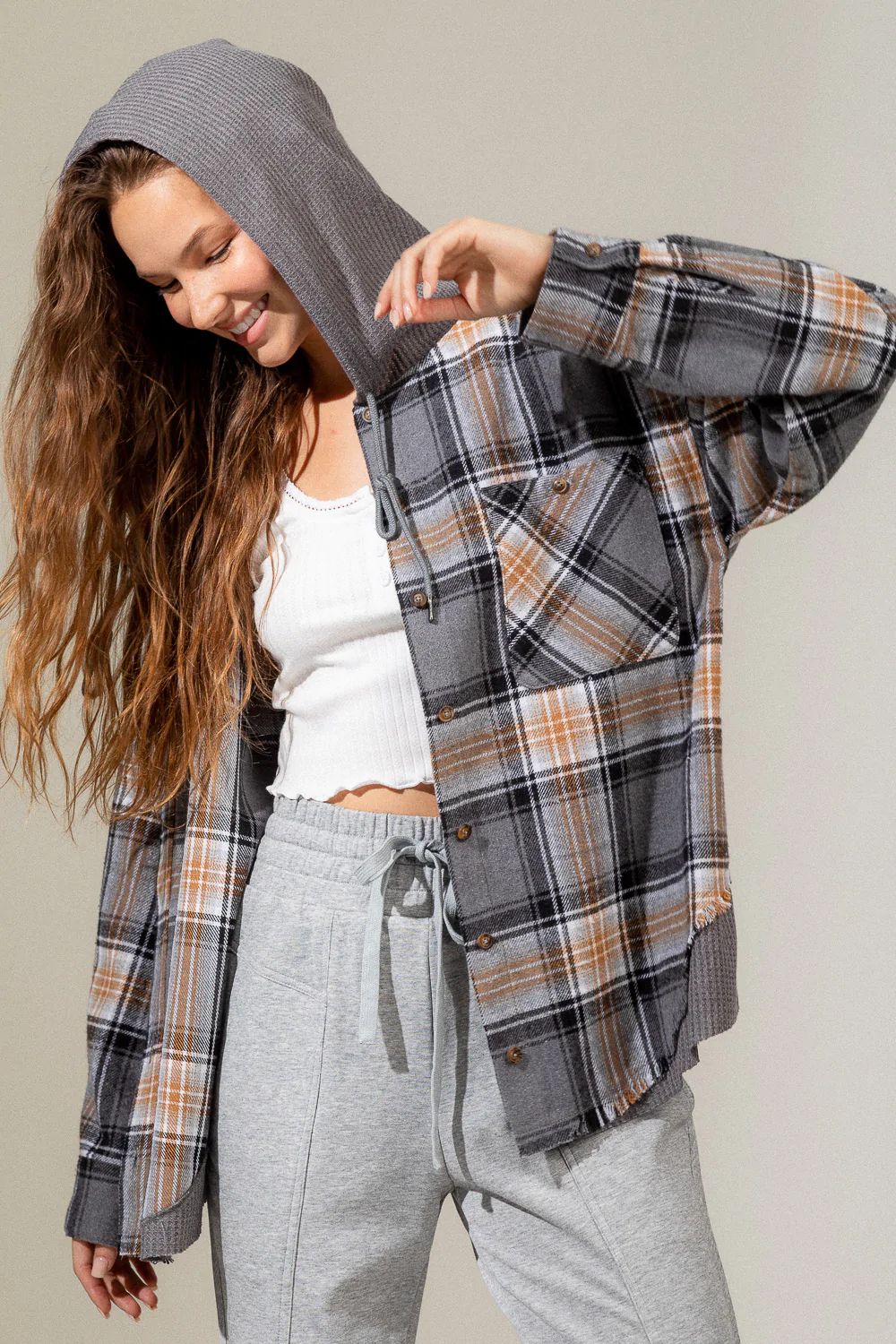 Winter Waffle Hooded Spliced Plaid Blouse Coat for Women