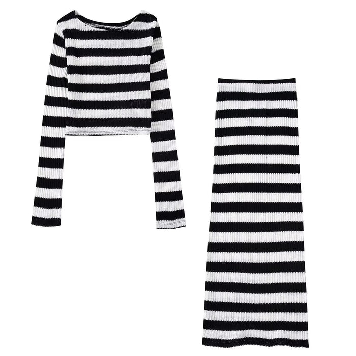 Autumn Winter Women Clothing Striped Pullover Sweater Set