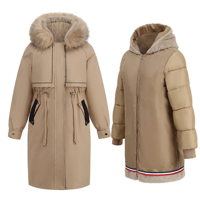 Parka Cotton Padded Coat Winter Mid Length Thermal Zipper Coat Fur Collar Clip Velvet Coat Two Piece Set