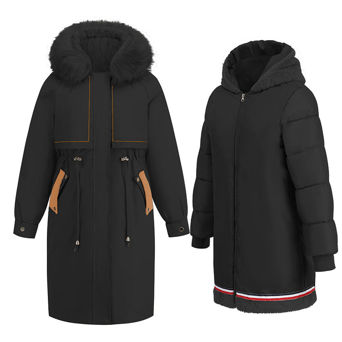 Parka Cotton Padded Coat Winter Mid Length Thermal Zipper Coat Fur Collar Clip Velvet Coat Two Piece Set