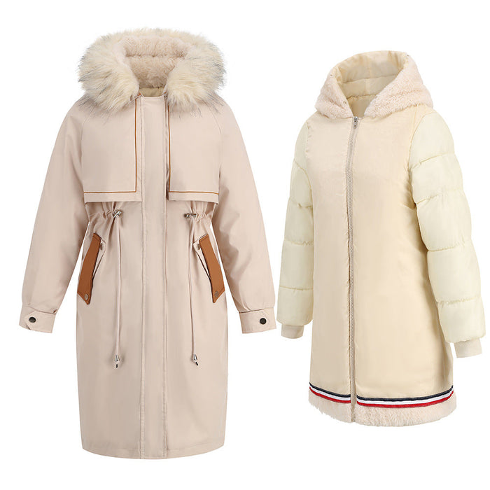 Parka Cotton Padded Coat Winter Mid Length Thermal Zipper Coat Fur Collar Clip Velvet Coat Two Piece Set