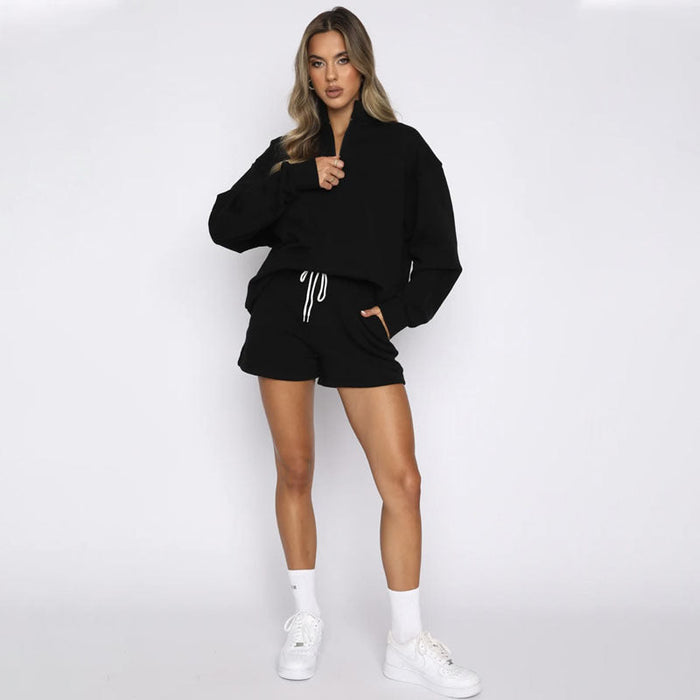 Autumn Winter Solid Color Stand Collar Zipper Pullover Long Sleeve Sweater Women Shorts Set