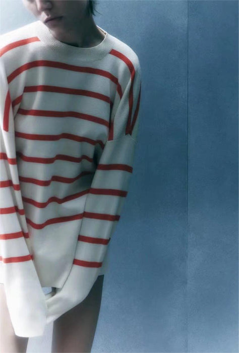 Women Casual Loose Red Striped Sweater Sweater Women