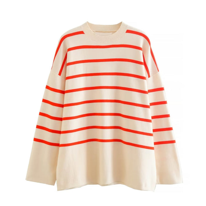 Women Casual Loose Red Striped Sweater Sweater Women