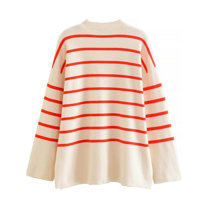 Women Casual Loose Red Striped Sweater Sweater Women