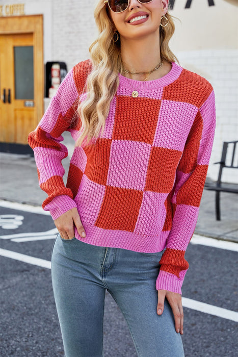 Autumn Winter Chessboard Plaid Sweater Sweater Short Knitwear Stitching Plaid Sweater