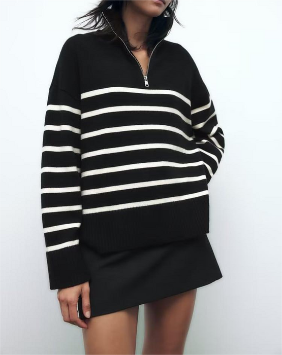 Winter Bloggers Same Contrast Color Striped Zipper Collared Knitwear Sweater