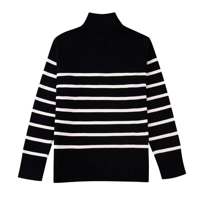 Winter Bloggers Same Contrast Color Striped Zipper Collared Knitwear Sweater