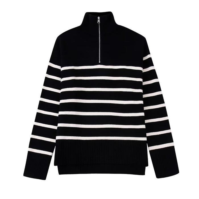 Winter Bloggers Same Contrast Color Striped Zipper Collared Knitwear Sweater