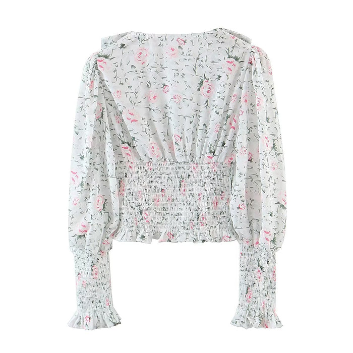 Autumn Blogger Floral Large Collared Single Elasticated Waist Lantern Sleeve Long Sleeve Shirt