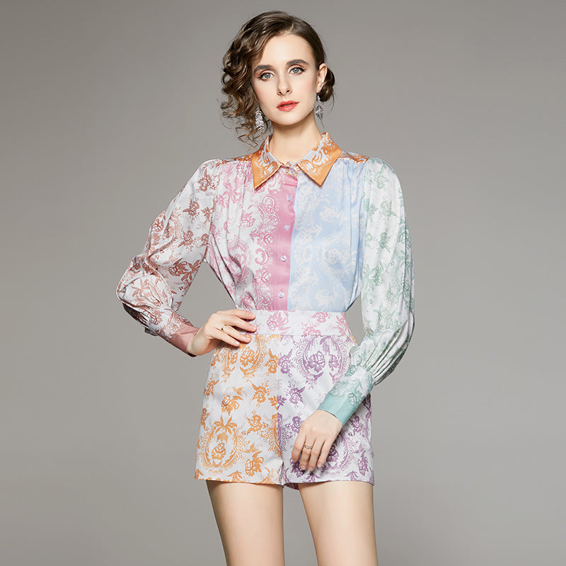 Women Clothing Collared Regular Sleeve Elegant Floral Short Sets