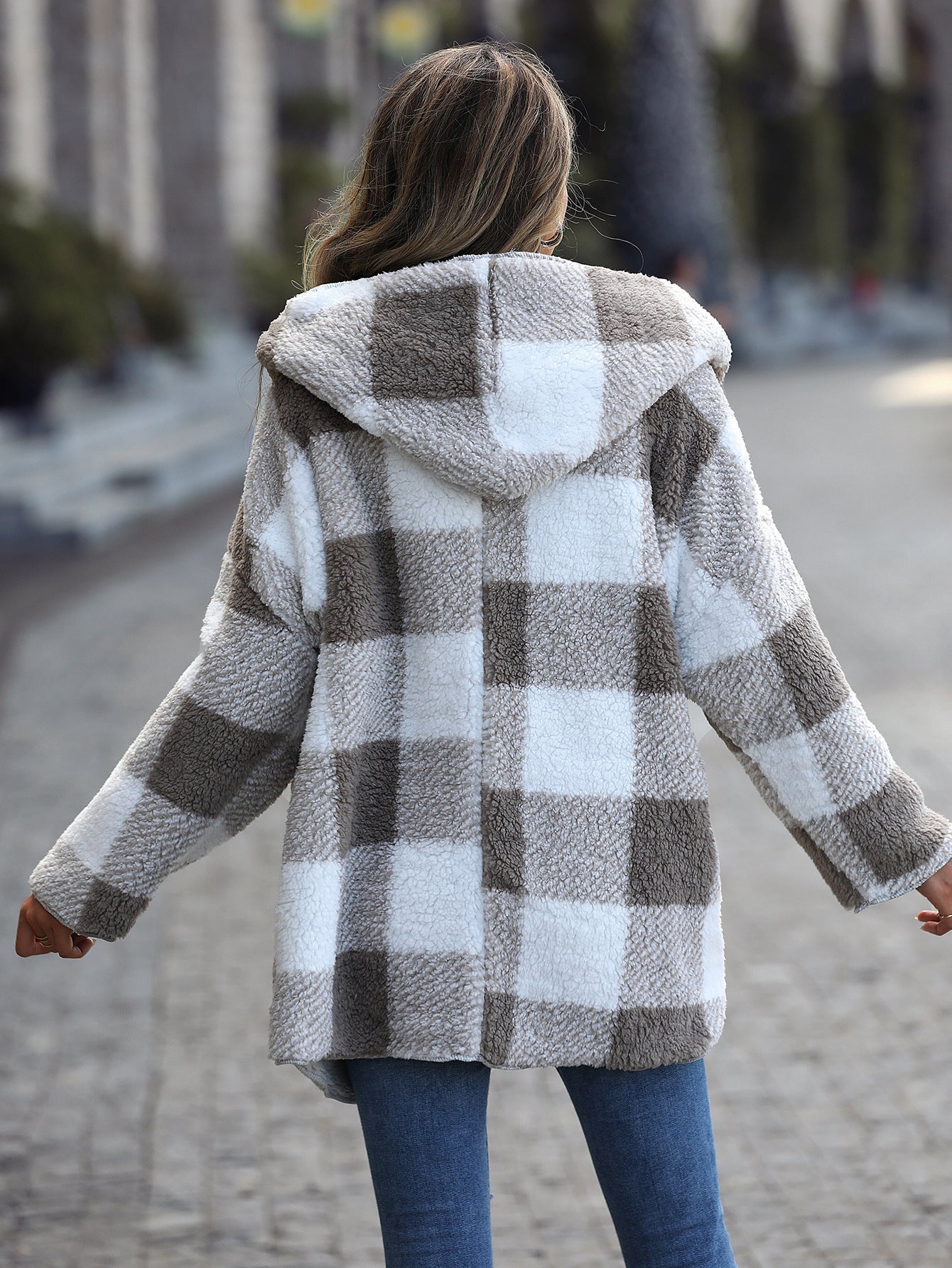 Casual Plush Women Hooded Regular Long Sleeve Loose Plaid Bubble Velvet Buckle Free Coat