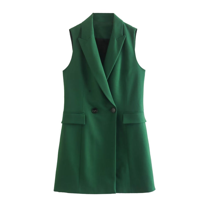 Summer Elegant Collared Sleeveless Belt Green Vest Women