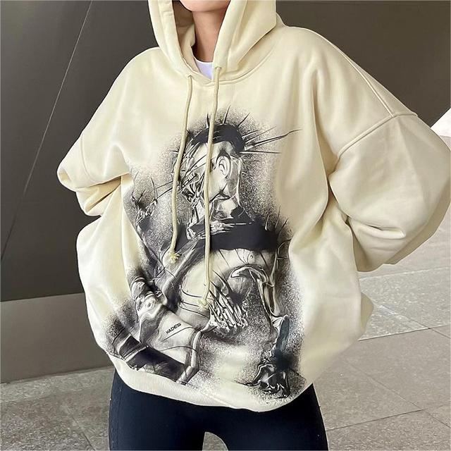 Women Clothing Autumn Printing Casual Loose Fitting Hoodie Long Sleeved