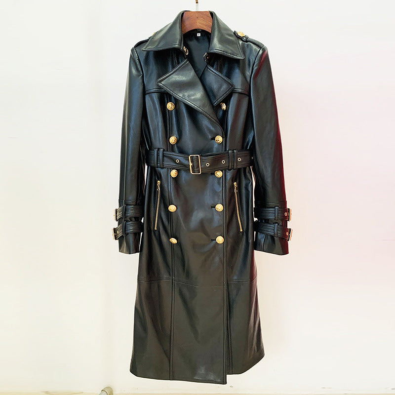 Goods Autumn Winter Stars Double Breasted Belt Leather Long Trench Coat