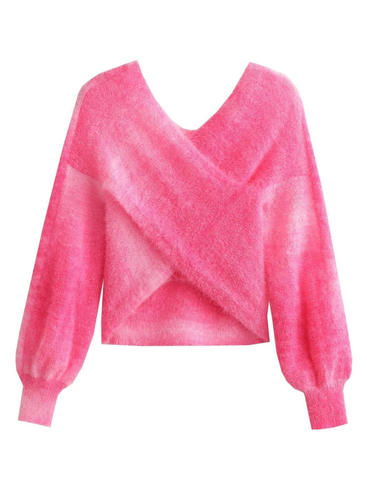 Autumn Personalized Gradient Tie Dyed Chest Criss Cross Lantern Sleeve Mohair Knitted Sweater