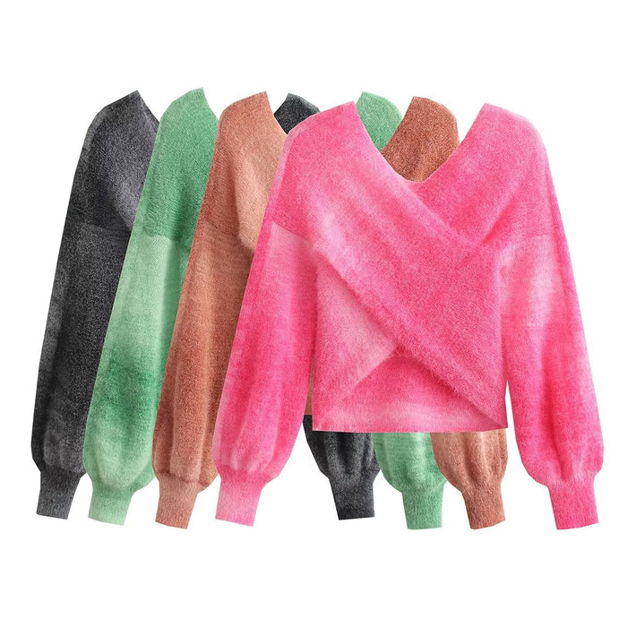 Autumn Personalized Gradient Tie Dyed Chest Criss Cross Lantern Sleeve Mohair Knitted Sweater