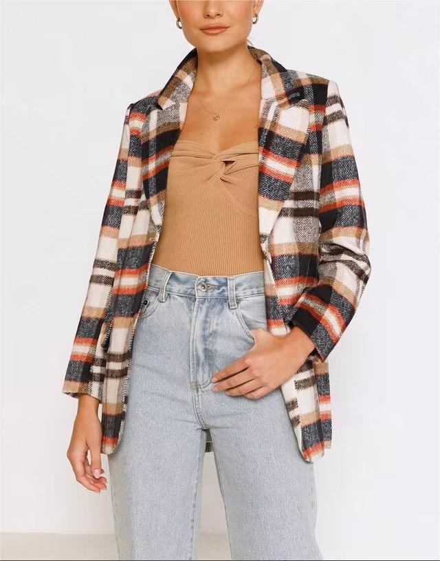 Autumn Winter Woolen Plaid Blazer Single Breasted Mid Length Top